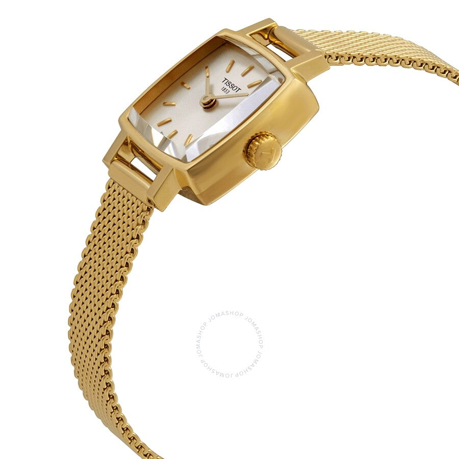 Side angle view of Tissot Lovely watch showcasing gold case and mesh strap