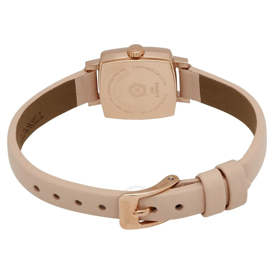 Tissot Lovely watch caseback view showing rose gold case and beige leather strap with buckle