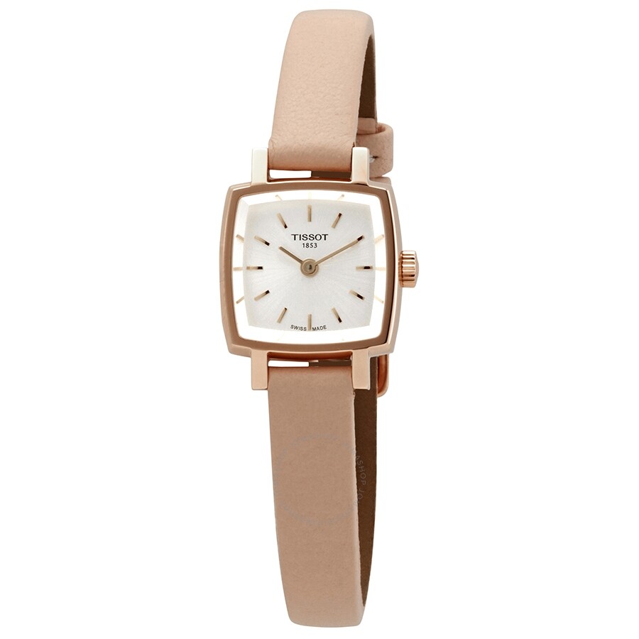 Tissot Lovely quartz ladies watch with silver dial, rose gold case, and beige leather strap