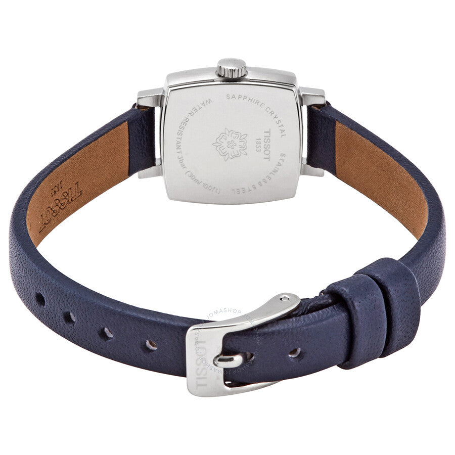 Tissot Lovely watch caseback with engraved Tissot logo and navy leather strap with buckle