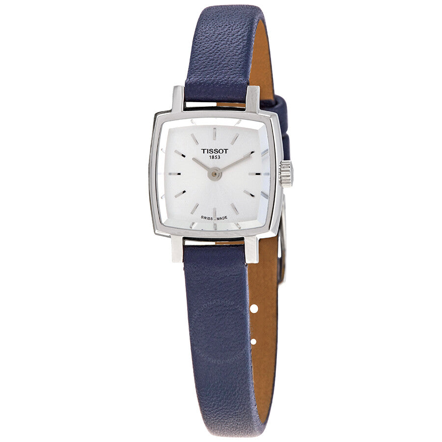 Tissot Lovely quartz watch with silver dial, square stainless steel case, and navy leather strap