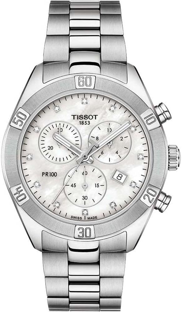 Tissot PR 100 Sport Chic Chronograph women's watch with stainless steel case and bracelet, white dial with three subdials
