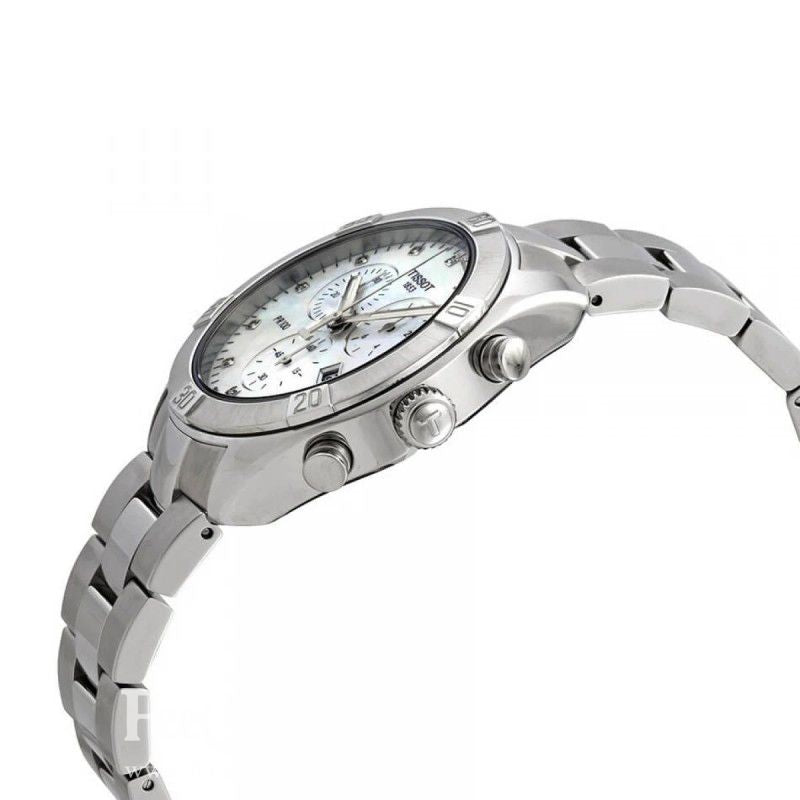 Tissot PR 100 Sport Chic side view showing stainless steel bracelet, crown and chronograph pushers