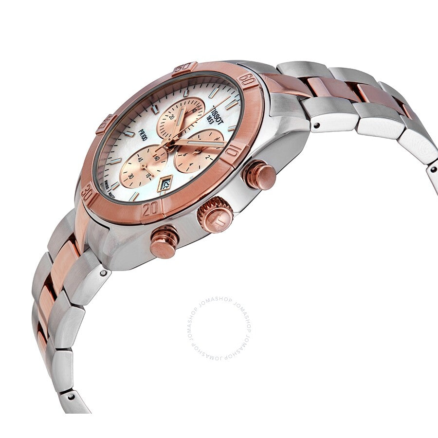 Side angled view of Tissot PR 100 Sport Chic chronograph showing two-tone steel and rose gold bracelet