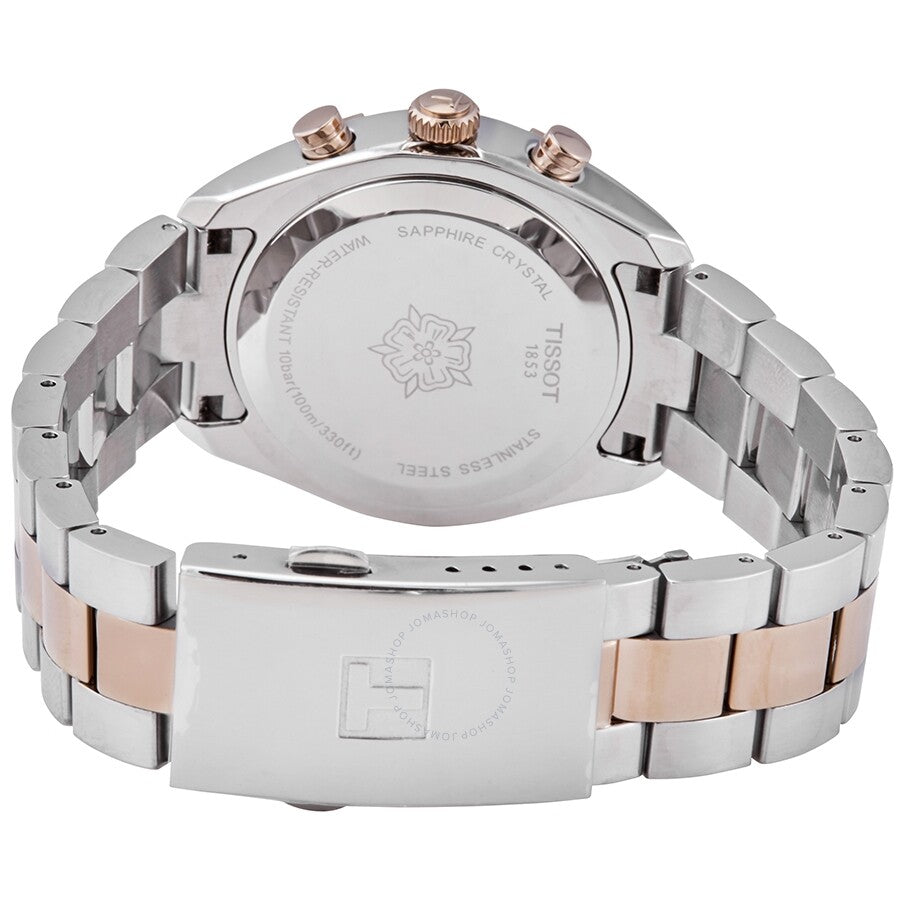 Caseback view of Tissot PR 100 Sport Chic showing sapphire crystal and stainless steel case