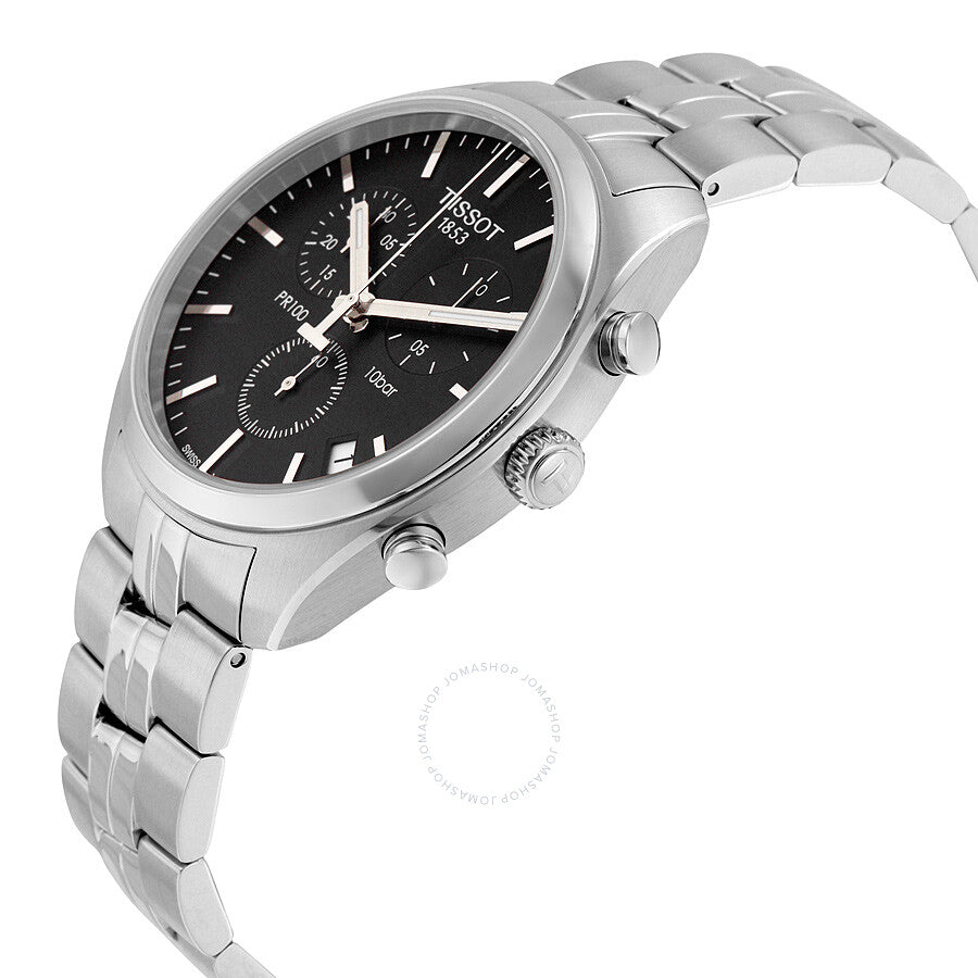 Tissot PR 100 chronograph at angle showing stainless steel bracelet and black dial detail