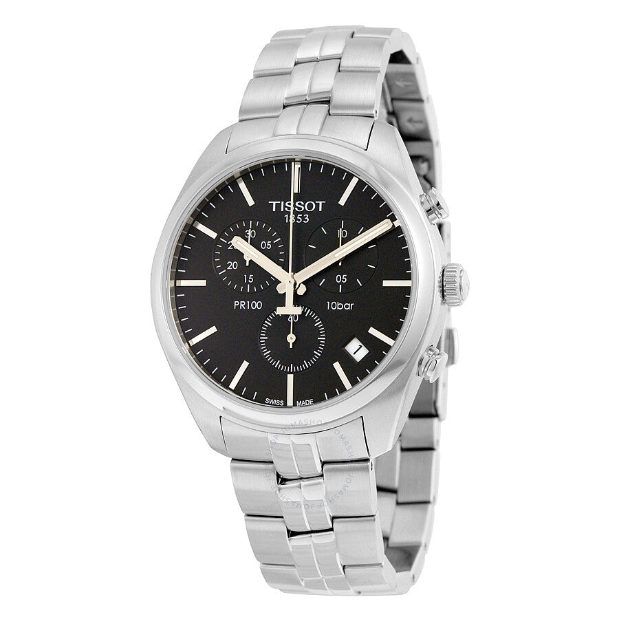 Tissot PR 100 chronograph watch with stainless steel case, black dial, and silver bracelet