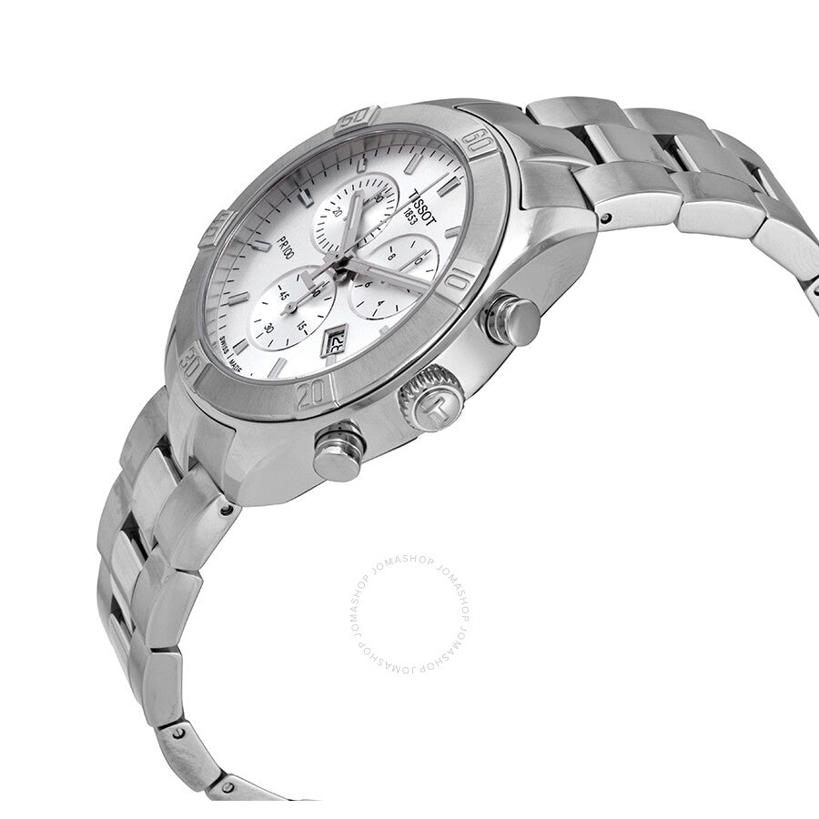 Tissot PR 100 Sport Chic Chronograph side angle view showing stainless steel case and strap