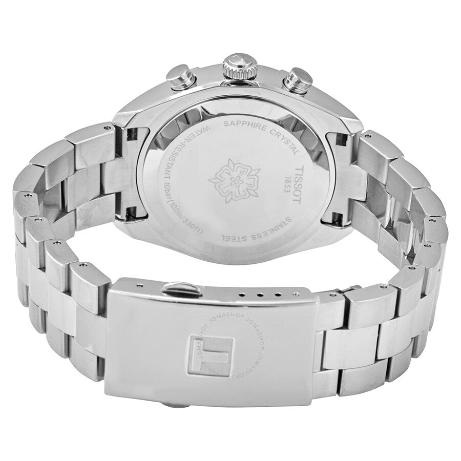 Tissot PR 100 Sport Chic Chronograph caseback showing stainless steel with engraved Tissot logo