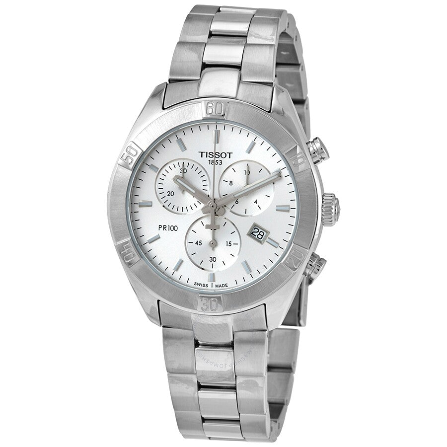 Tissot PR 100 Sport Chic Chronograph with silver dial and stainless steel bracelet