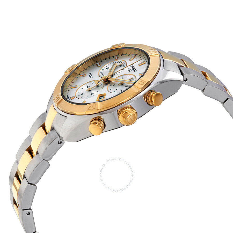 Tissot PR 100 chronograph watch angled view showing gold-tone bezel and two-tone bracelet