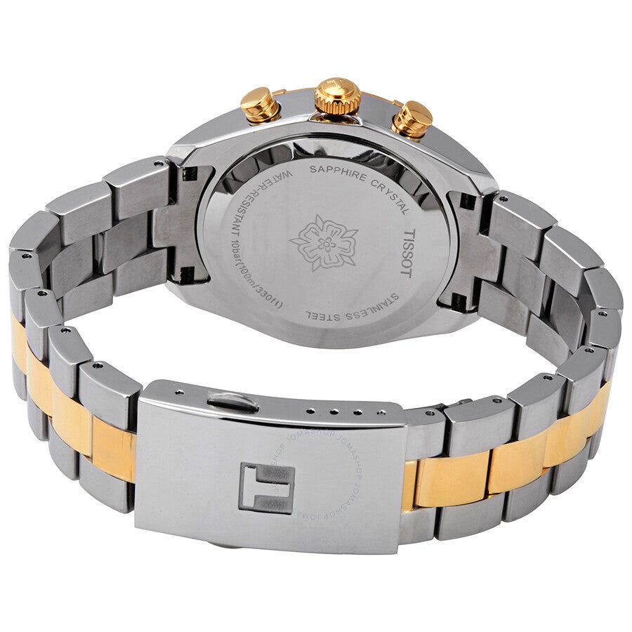 Tissot PR 100 caseback with engraved Tissot logo and two-tone stainless steel bracelet