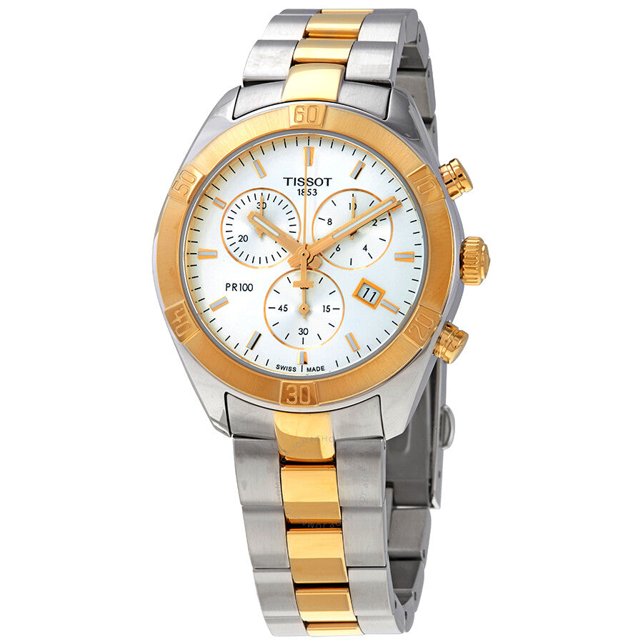 Tissot PR 100 chronograph ladies watch with silver dial and two-tone bracelet