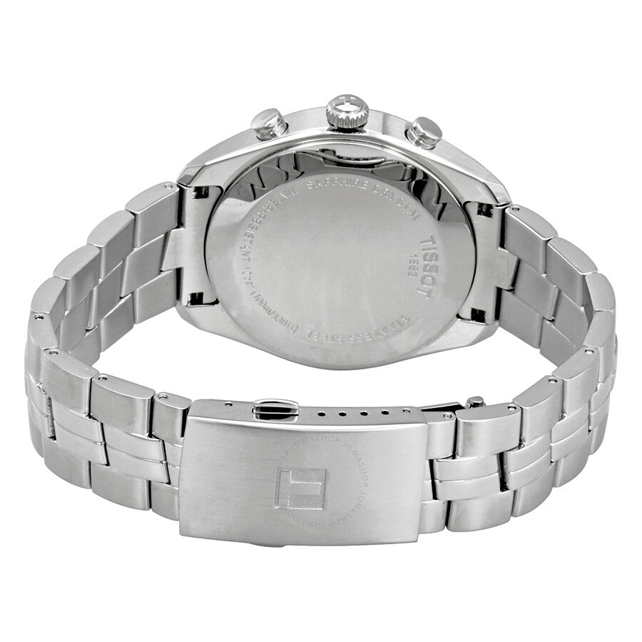 Tissot PR100 chronograph watch caseback showing stainless steel bracelet and strap