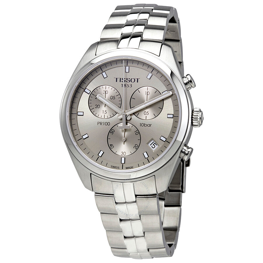 Tissot PR100 chronograph watch with rhodium dial and stainless steel bracelet