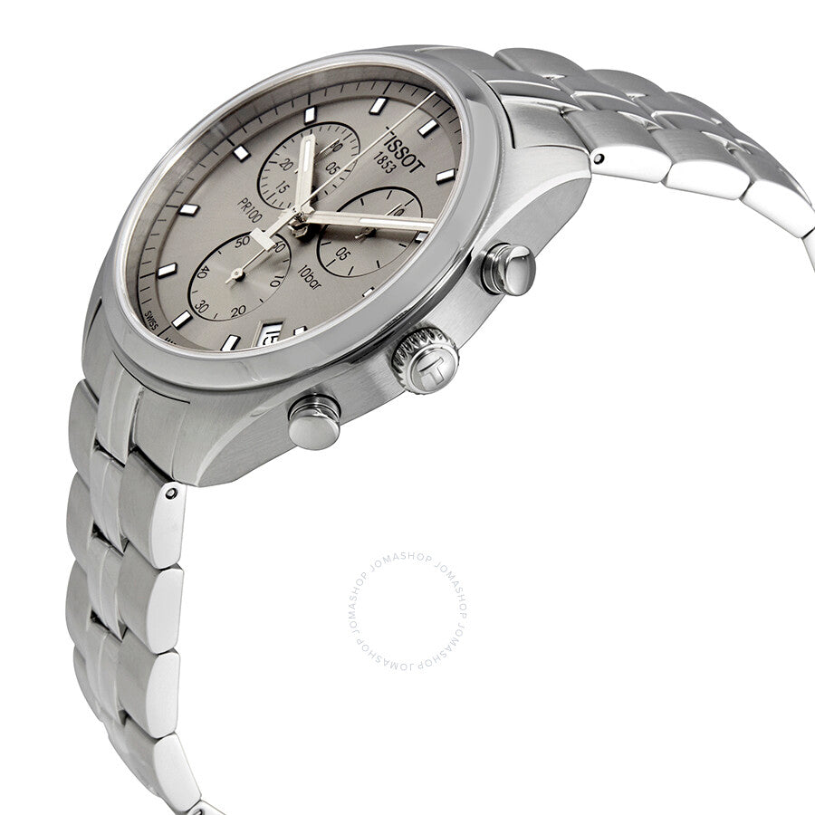 Tissot PR100 chronograph watch side view showing stainless steel case and bracelet
