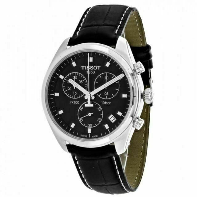 Tissot PR100 chronograph watch from angled side view showing black leather strap and case profile