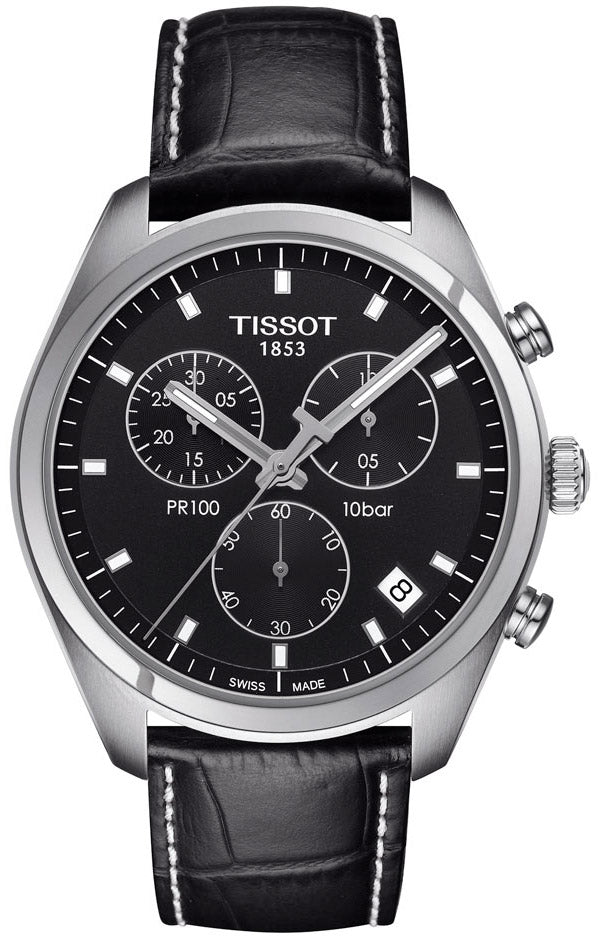 Tissot PR100 chronograph watch with black dial, silver case, and black leather strap