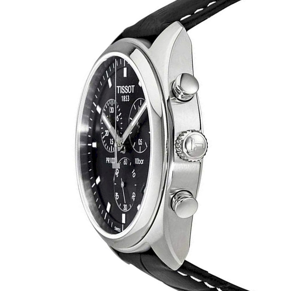 Tissot PR100 chronograph watch side profile showing steel case, pushers, and leather strap
