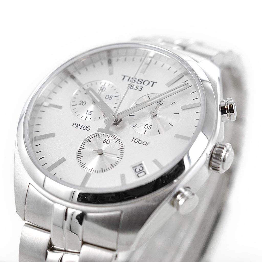 Tissot PR 100 chronograph watch angled view of dial and case