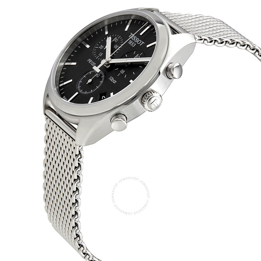 Side angled view of Tissot PR100 Chronograph showing case profile and mesh bracelet