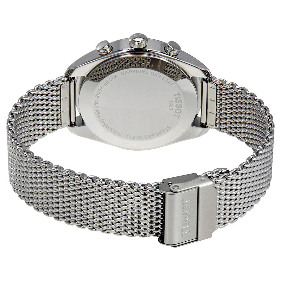 Back caseback view of Tissot PR100 Chronograph with stainless steel mesh bracelet