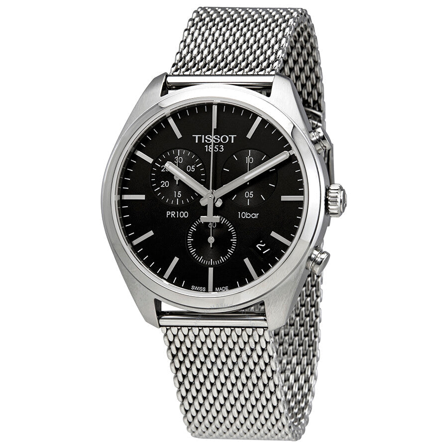 Tissot PR100 Chronograph watch with black dial and stainless steel mesh bracelet