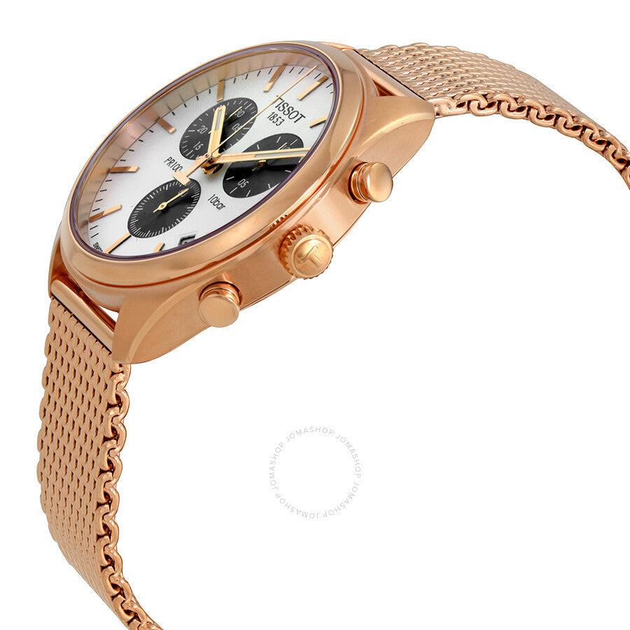 Side angle view of Tissot PR 100 rose gold chronograph with silver dial and mesh bracelet