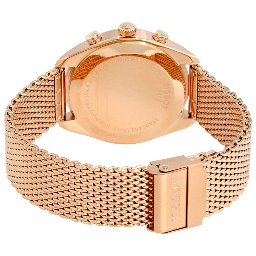 Rose gold caseback of Tissot PR 100 chronograph with engraved text and mesh strap