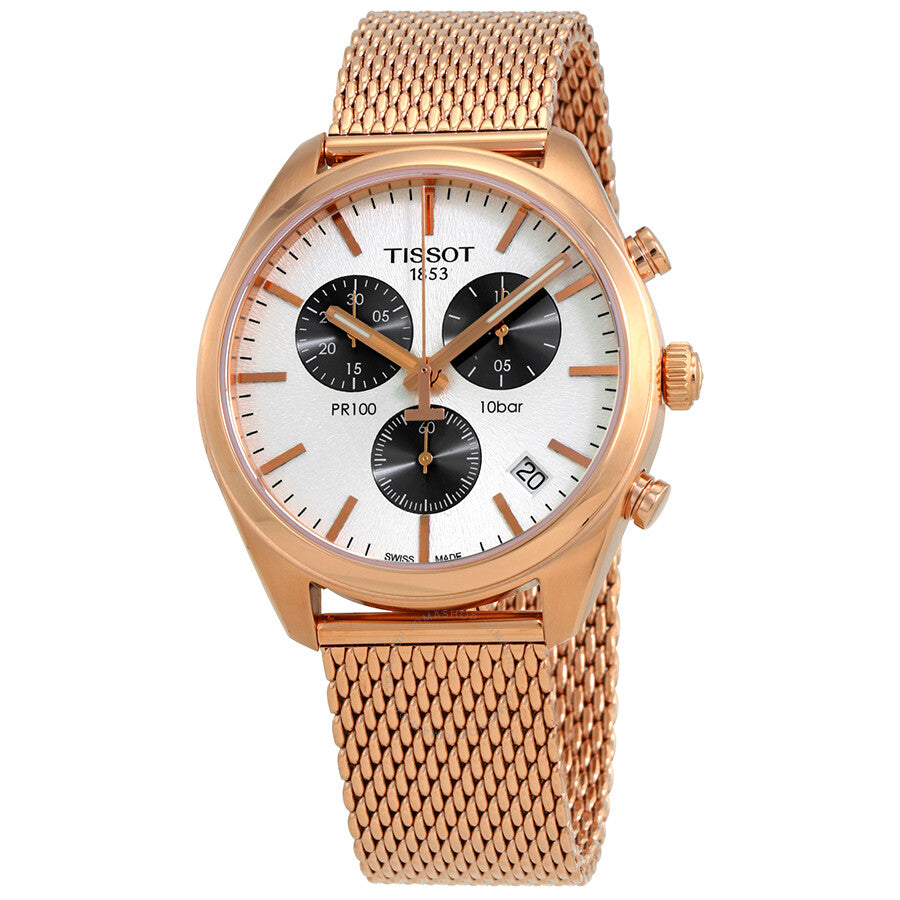 Tissot PR 100 chronograph watch with rose gold case, silver dial, black subdials, and mesh strap