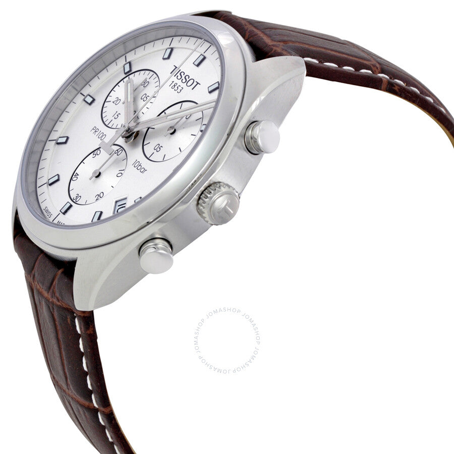 Tissot PR100 chronograph watch angled side view showing case and strap