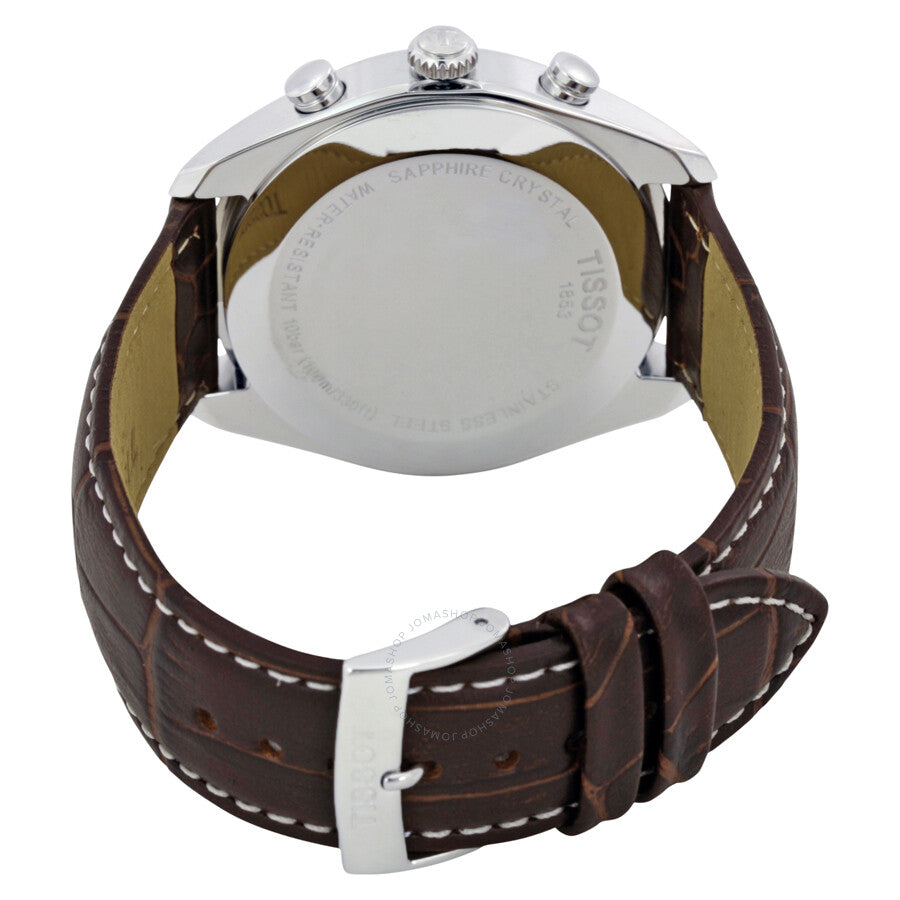 Tissot PR100 watch caseback with brown leather strap and buckle