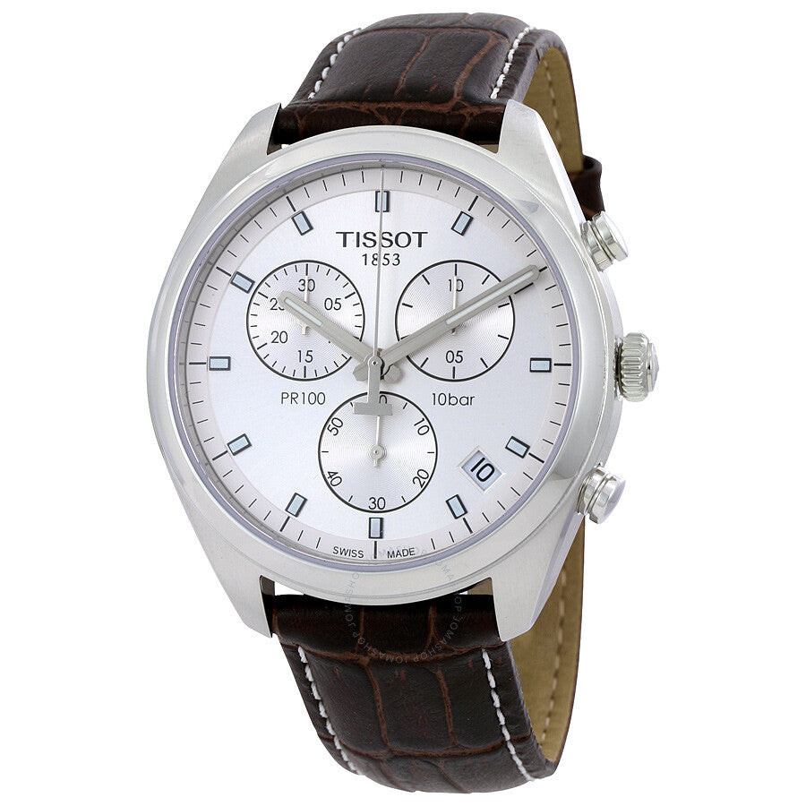 Tissot PR100 chronograph watch with silver dial and brown leather strap