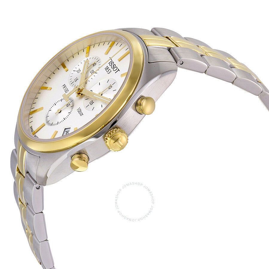 Tissot PR100 chronograph watch side angle view showing two-tone bracelet and case