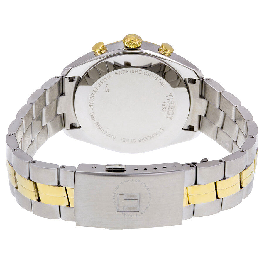 Tissot PR100 watch caseback showing two-tone steel and gold bracelet and crown