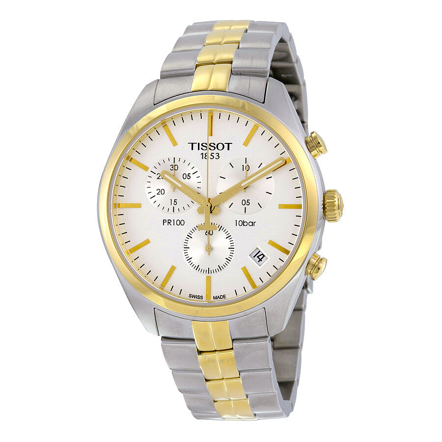 Tissot PR100 two-tone chronograph watch with white dial and gold accents