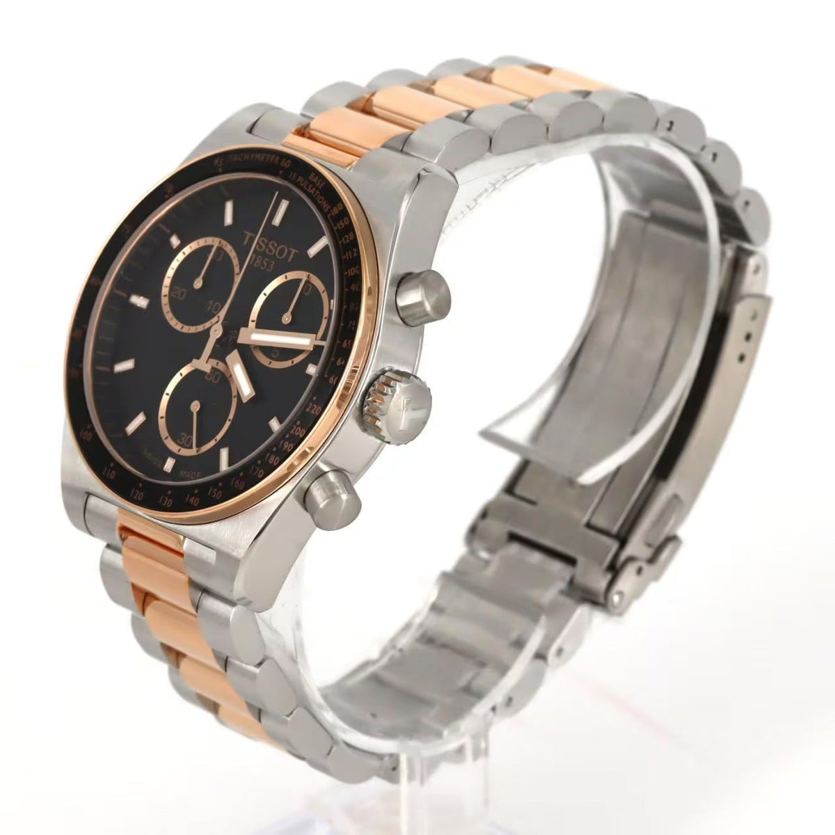 Tissot PR516 two-tone steel and rose gold bracelet with black chronograph dial, three-quarter view