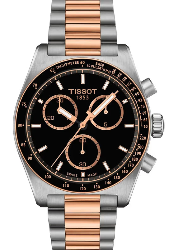 Tissot PR516 chronograph with black dial, two-tone steel case and bracelet, three subdials