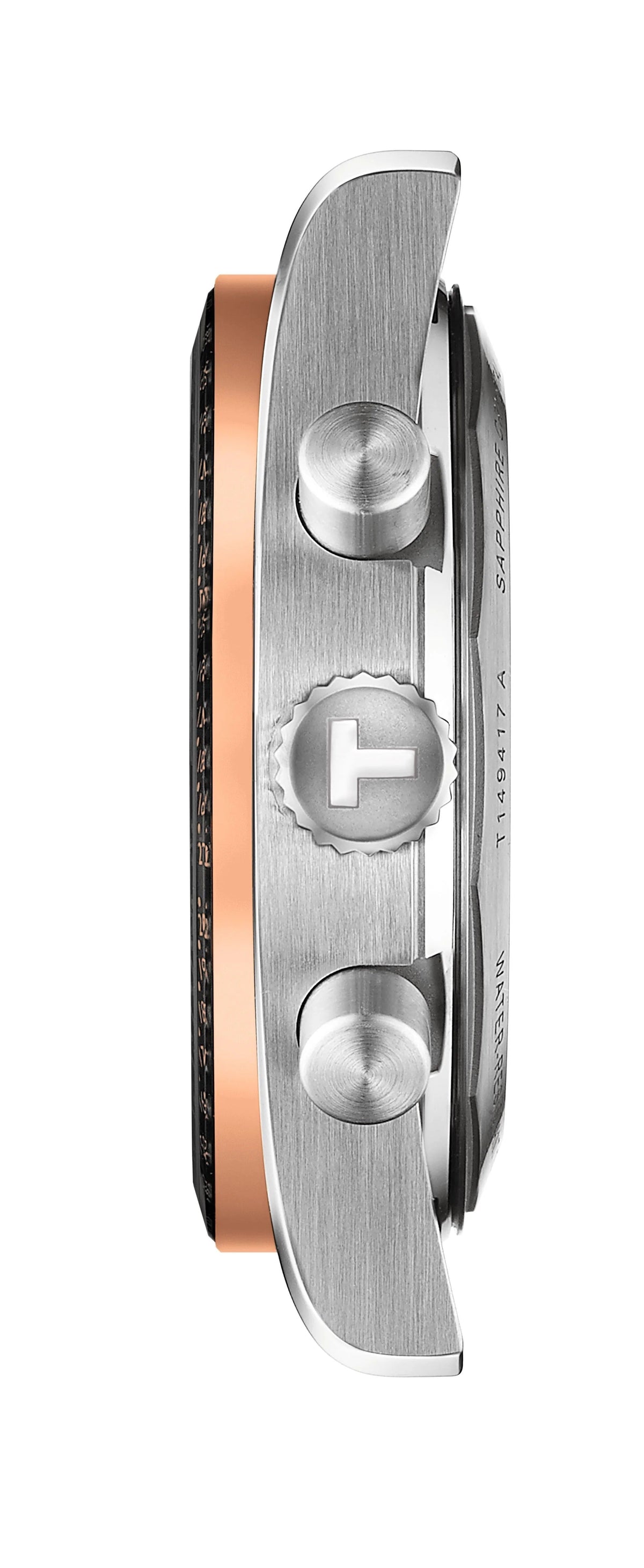 Tissot PR516 side profile showing two-tone steel and rose gold case thickness and bracelet