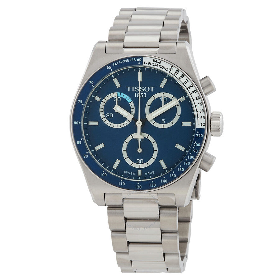 Tissot PR516 chronograph watch with blue dial, three subdials, and stainless steel bracelet