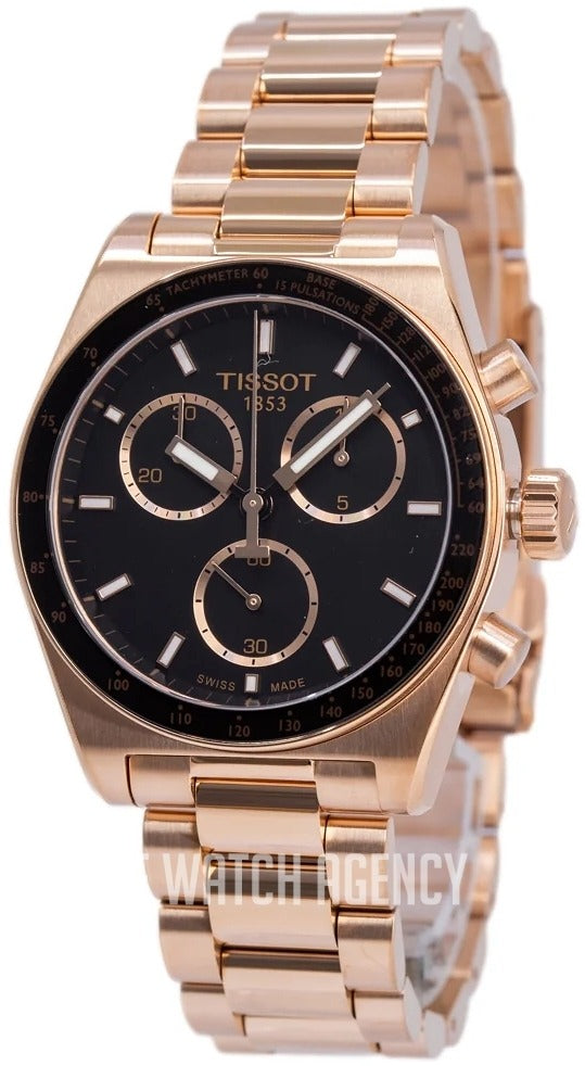 Tissot PR516 chronograph watch angled view showing rose gold case and black dial