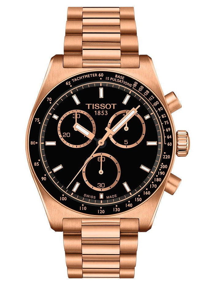 Tissot PR516 quartz chronograph with black dial and rose gold-tone bracelet