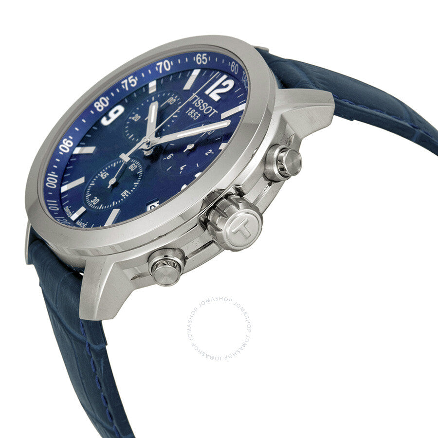 Tissot PRC 200 Chronograph side angle view showing stainless steel case and blue dial