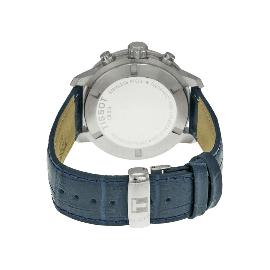 Tissot PRC 200 Chronograph stainless steel caseback with navy leather strap