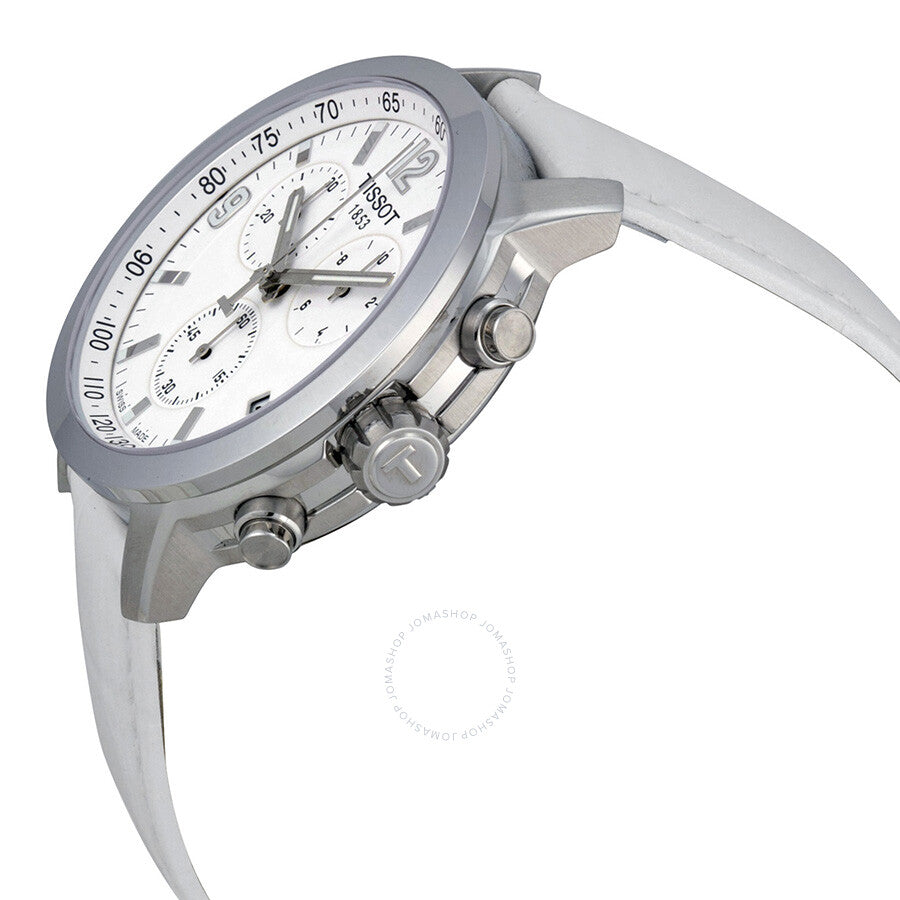 Side angle view of Tissot PRC 200 chronograph showing steel case and white strap
