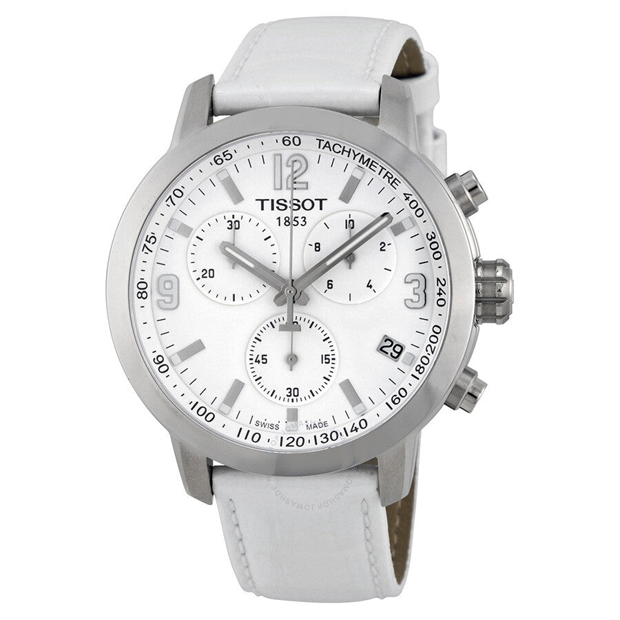 Tissot PRC 200 chronograph watch with white dial, steel case, and white leather strap