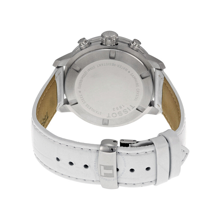 Case back of Tissot PRC 200 chronograph watch with white leather strap