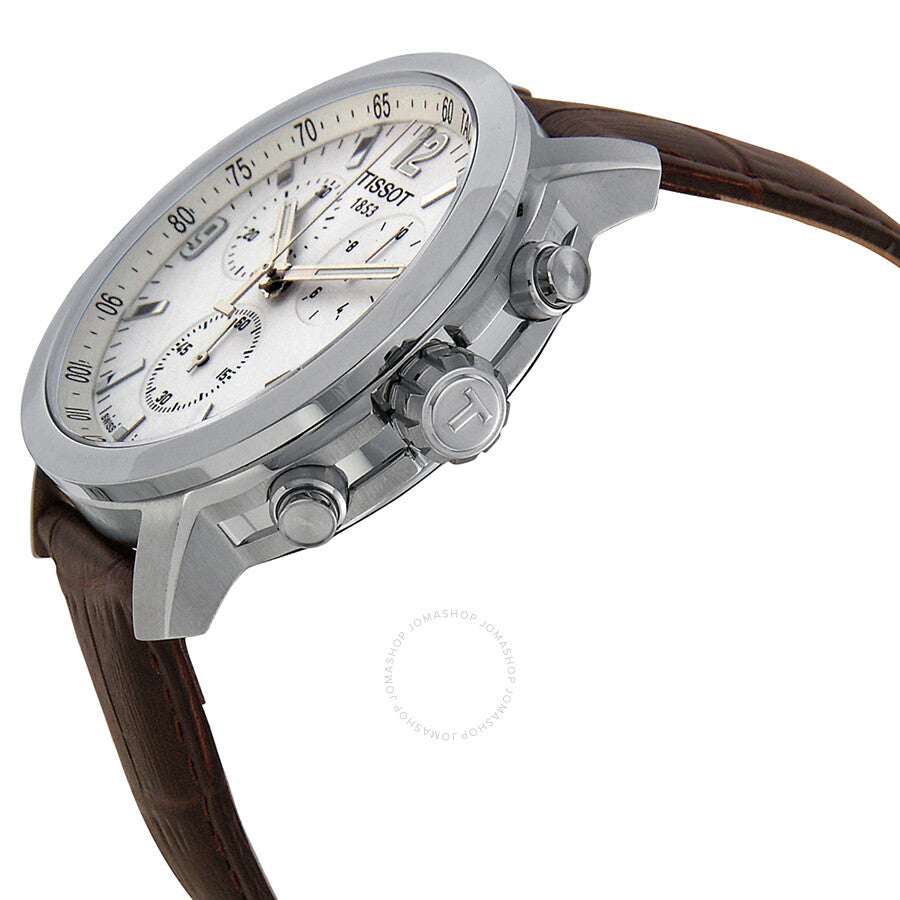 Side profile of Tissot PRC 200 chronograph showing stainless steel case and chronograph pushers