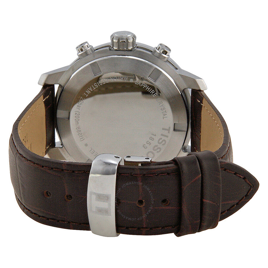 Caseback view of Tissot PRC 200 chronograph with brown leather strap and metal clasp