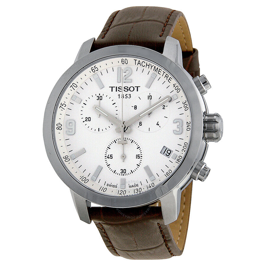 Tissot PRC 200 chronograph watch with white dial, tachymetre bezel, and brown leather strap
